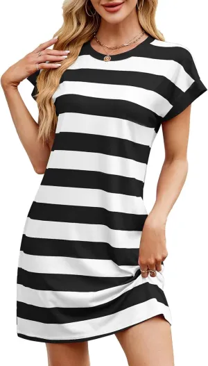 Women Fashion Striped Short Sleeve Dresses Coverup Wedding Guest Dresses Slim Loose Casual A-Line Dress