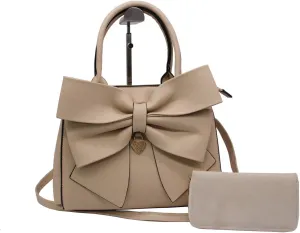 Women Handbag 2 Pcs Set Big Bow-Knot PU Leather Top Handle Bag Designer Tote Bag Clutch Wallet Set for Ladies