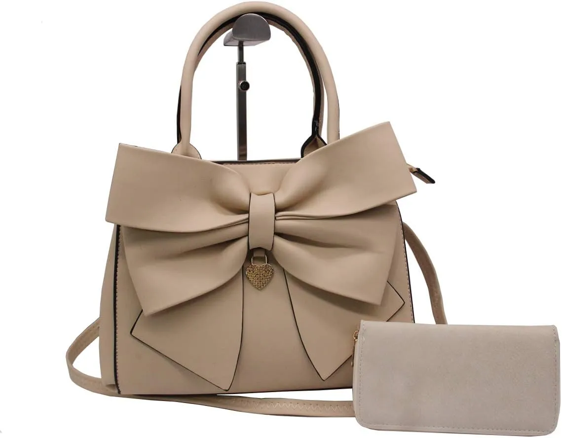 Women Handbag 2 Pcs Set Big Bow-Knot PU Leather Top Handle Bag Designer Tote Bag Clutch Wallet Set for Ladies