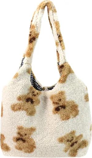 Women Ladies Cute Bear Plush Shoulder Bag Large Tote Handbag Purse Faux Fur Shopping Dating Bag