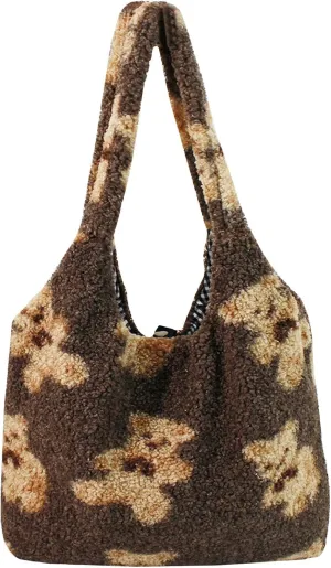 Women Ladies Cute Bear Plush Shoulder Bag Large Tote Handbag Purse Faux Fur Shopping Dating Bag
