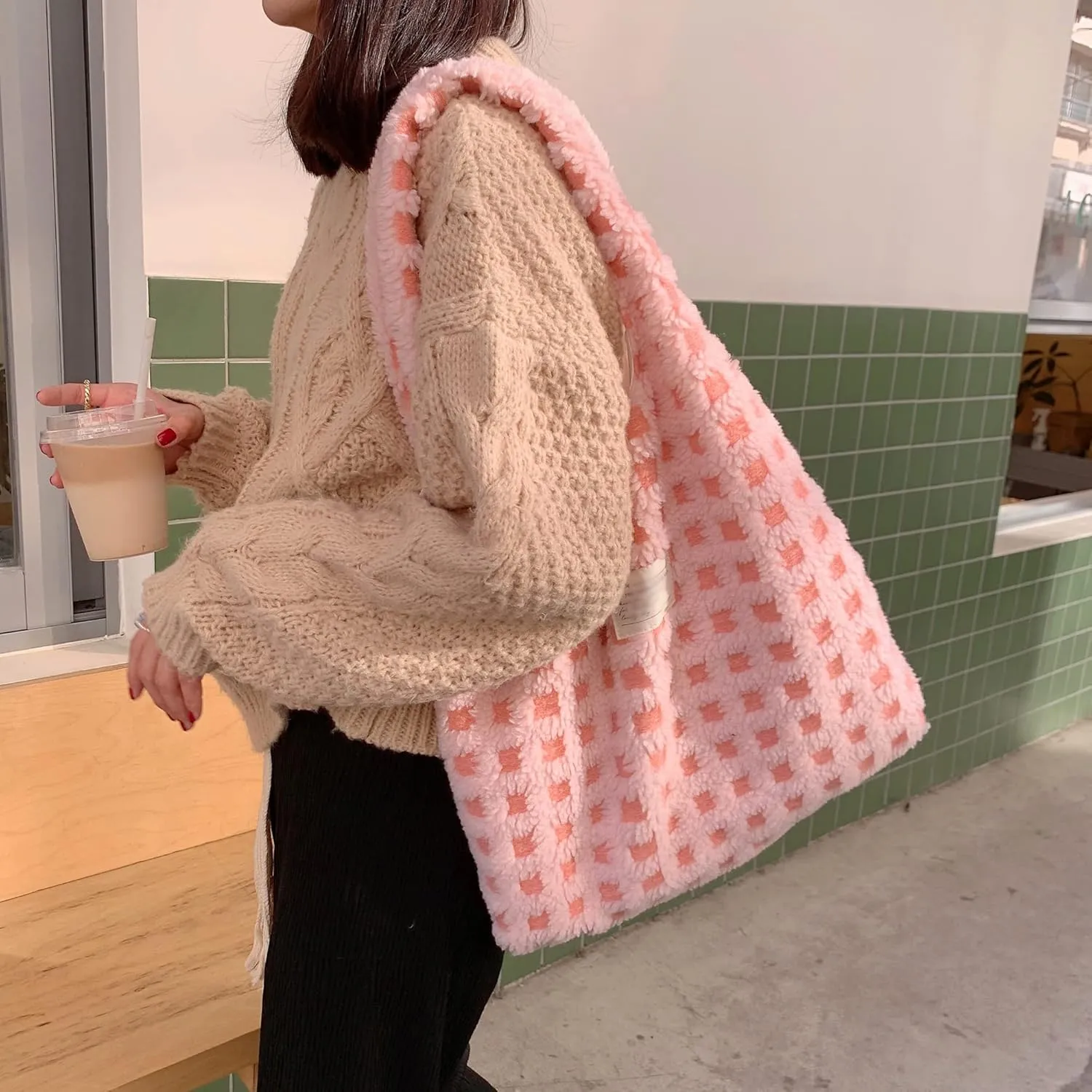 Women Ladies Cute Bear Plush Shoulder Bag Large Tote Handbag Purse Faux Fur Shopping Dating Bag