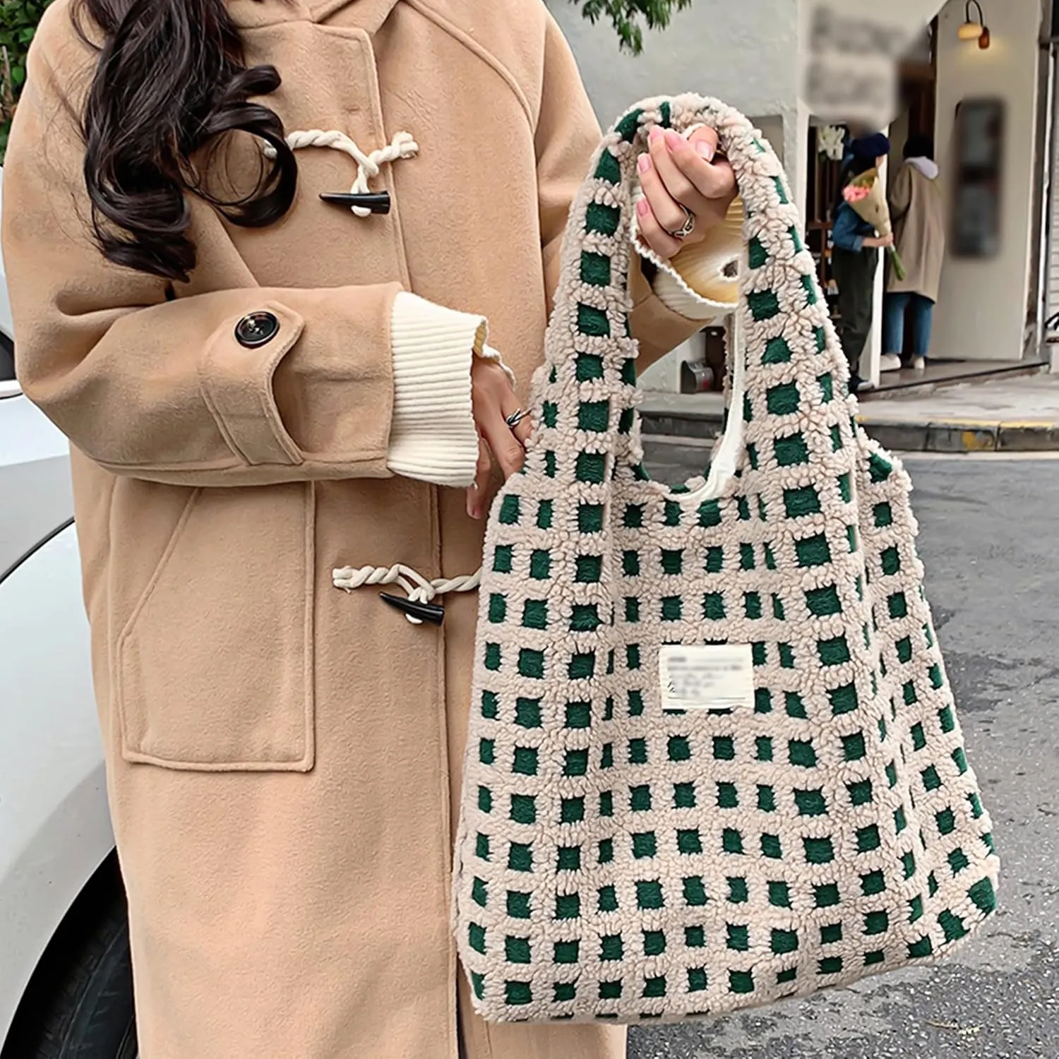 Women Ladies Cute Bear Plush Shoulder Bag Large Tote Handbag Purse Faux Fur Shopping Dating Bag