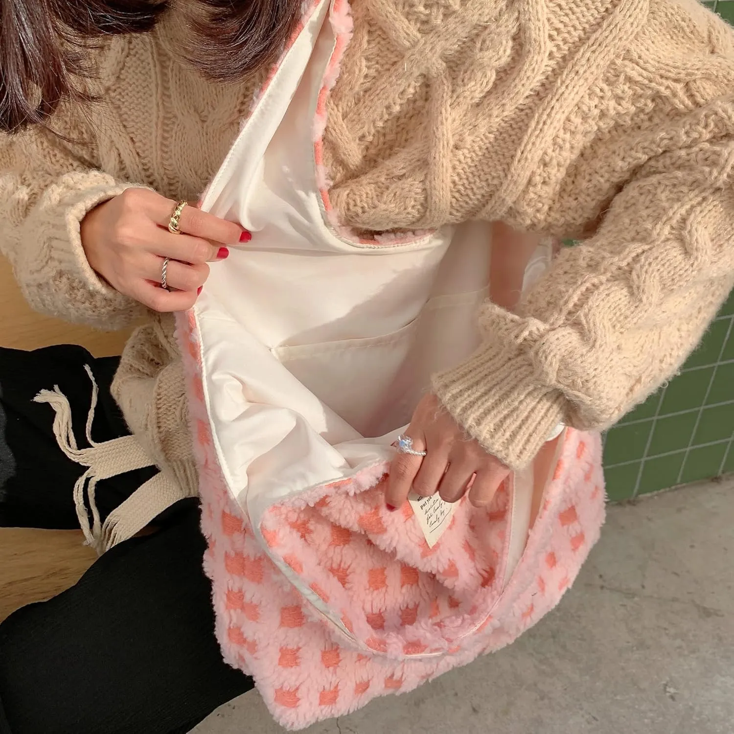 Women Ladies Cute Bear Plush Shoulder Bag Large Tote Handbag Purse Faux Fur Shopping Dating Bag