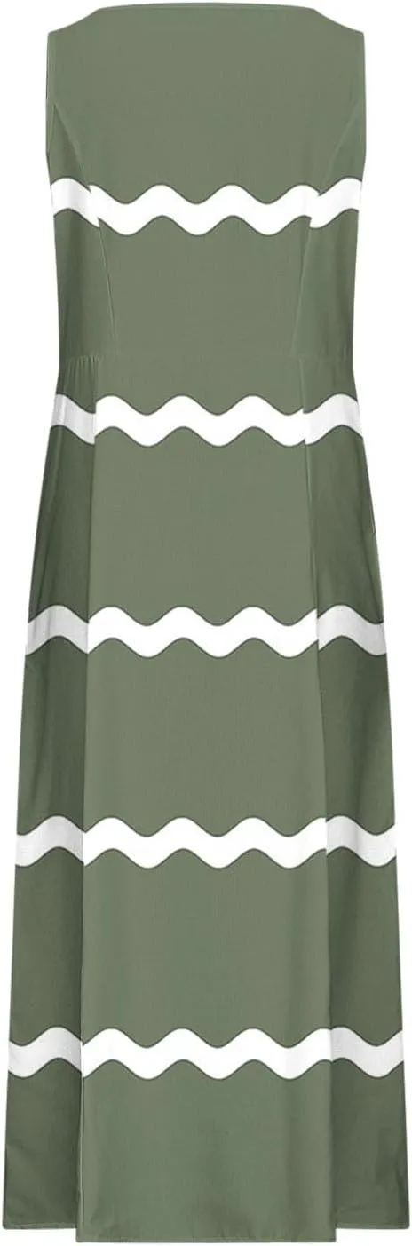 Women Summer Dresses Trendy Striped Grahpic Design Sundress Sleeveless Loose Casual Midi Dresse with Pockets