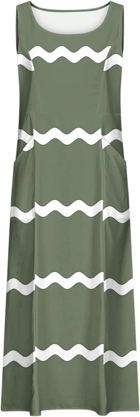 Women Summer Dresses Trendy Striped Grahpic Design Sundress Sleeveless Loose Casual Midi Dresse with Pockets
