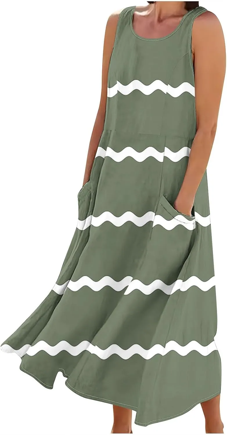Women Summer Dresses Trendy Striped Grahpic Design Sundress Sleeveless Loose Casual Midi Dresse with Pockets