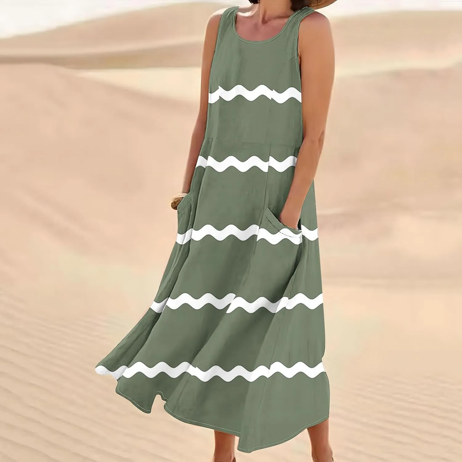 Women Summer Dresses Trendy Striped Grahpic Design Sundress Sleeveless Loose Casual Midi Dresse with Pockets