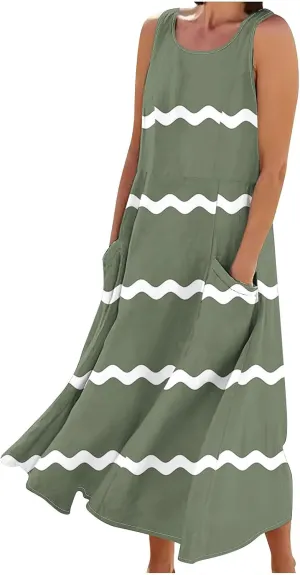 Women Summer Dresses Trendy Striped Grahpic Design Sundress Sleeveless Loose Casual Midi Dresse with Pockets