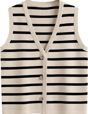 Women V Neck Sweater Vest Button Striped Knit Sleeveless Tops Summer Crop Crochet Tank Trendy Business Casual Outfits