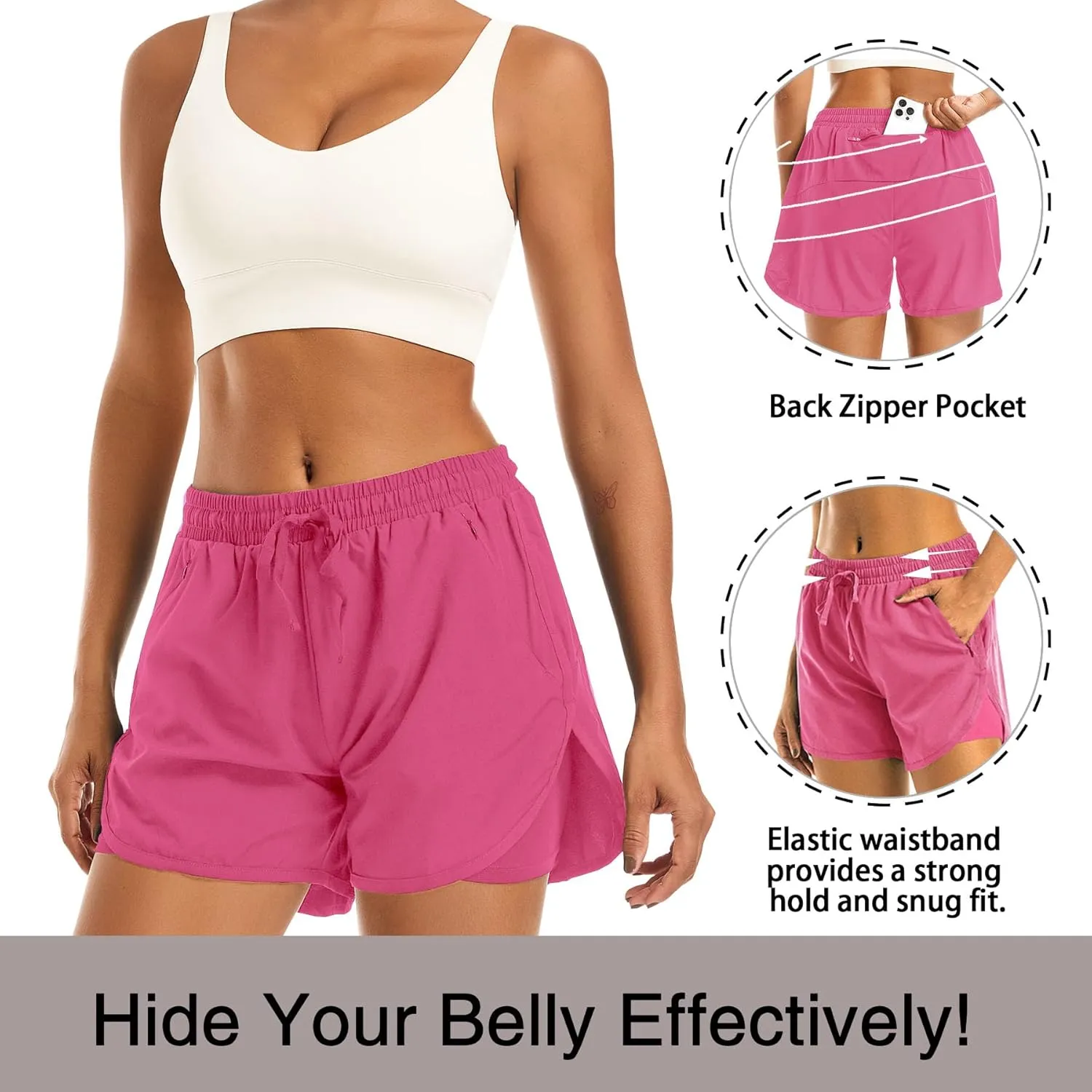 Women's 2 in 1 Athletic Running Shorts High Waisted Workout Casual Gym Sweat Shorts Mesh Comfy Liner Zipper Pockets