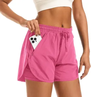 Women's 2 in 1 Athletic Running Shorts High Waisted Workout Casual Gym Sweat Shorts Mesh Comfy Liner Zipper Pockets