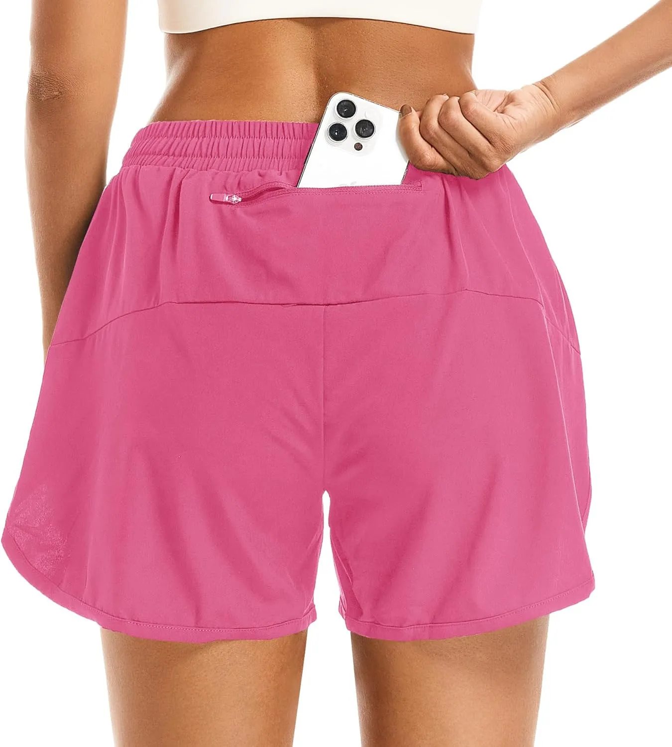 Women's 2 in 1 Athletic Running Shorts High Waisted Workout Casual Gym Sweat Shorts Mesh Comfy Liner Zipper Pockets
