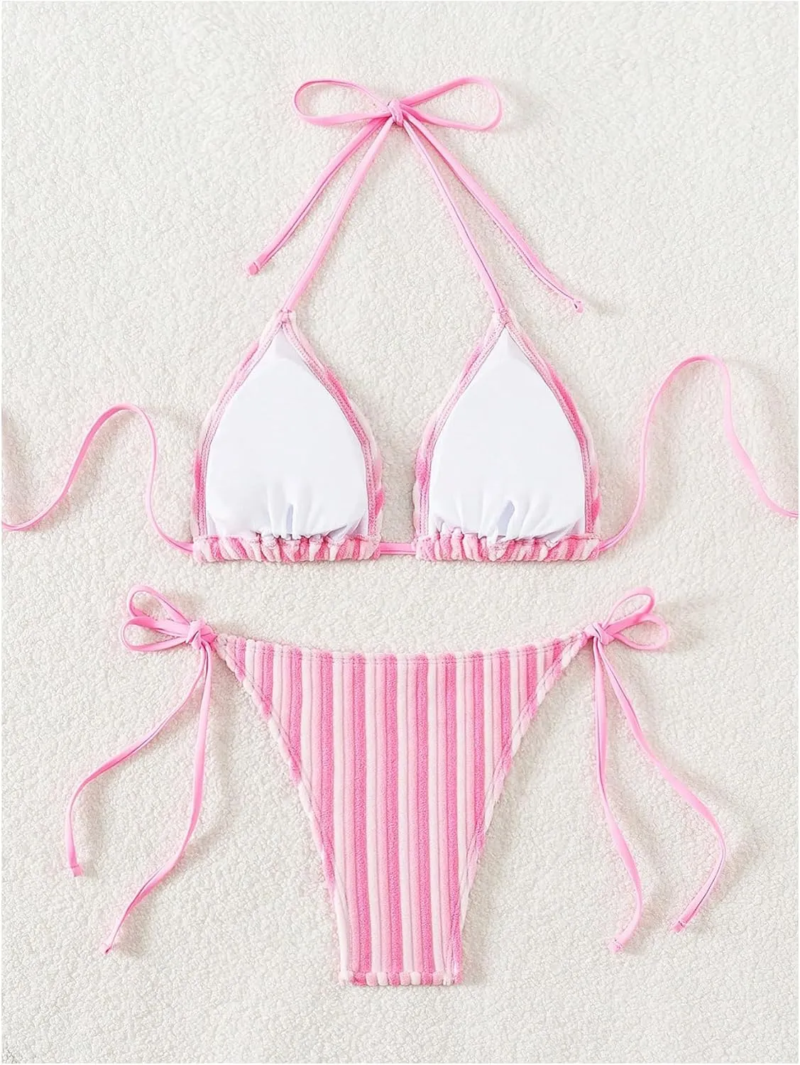 Women's 2 Piece Bikini Sets Halter Tie Side Triangle Swimsuit Striped Bathing Suit