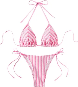 Women's 2 Piece Bikini Sets Halter Tie Side Triangle Swimsuit Striped Bathing Suit