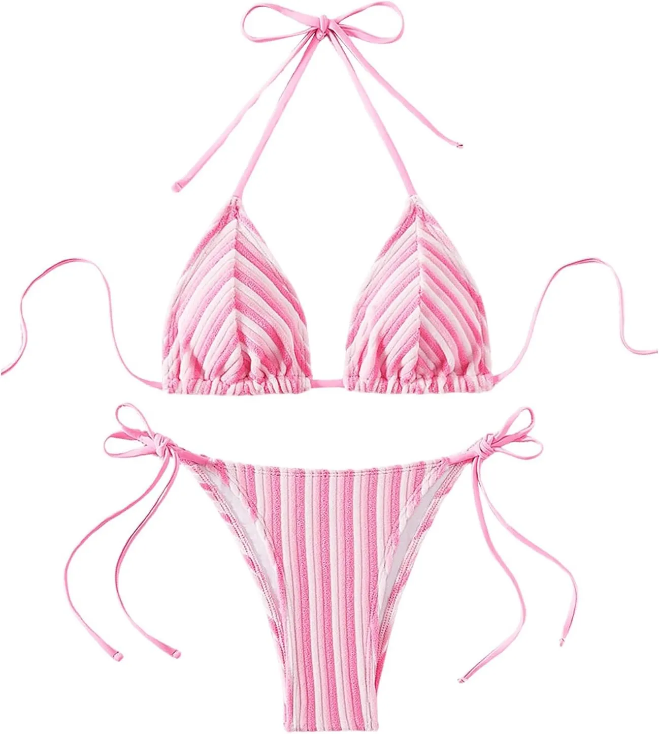 Women's 2 Piece Bikini Sets Halter Tie Side Triangle Swimsuit Striped Bathing Suit