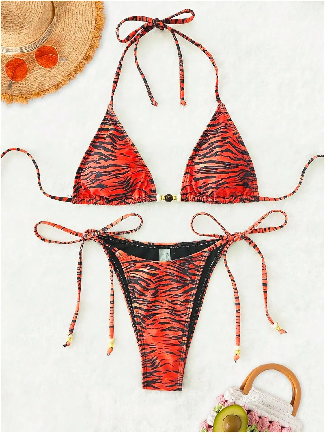 Women's 2 Pieces Zebra Striped Bikini Set Halter Triangle Swimsuit Y2K Tie Side Bathing Suit