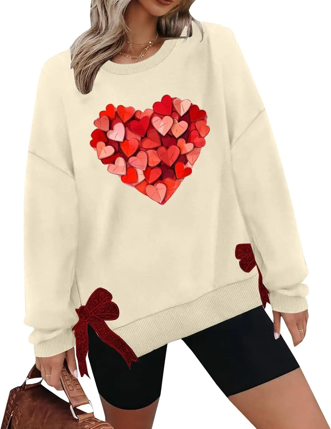 Womens 2025 Heart Printed Sweatshirt Side Bow Applique Trendy Blouses Holiday Outdoor Sports Casual Top