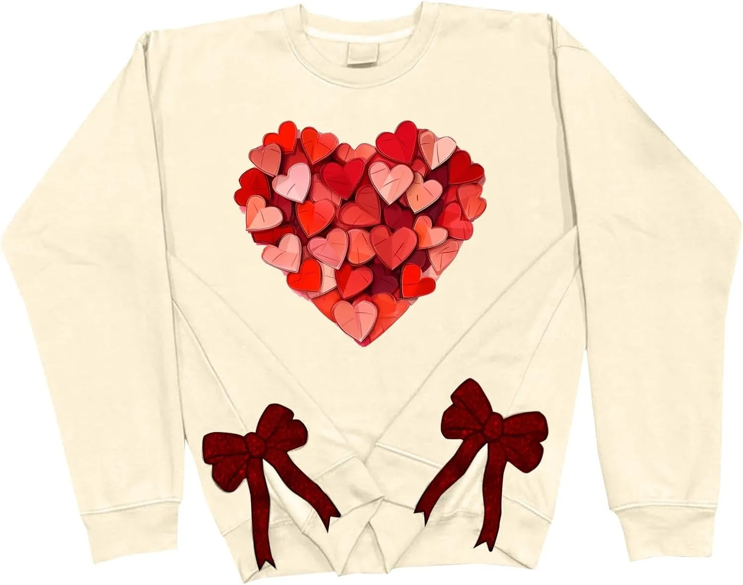 Womens 2025 Heart Printed Sweatshirt Side Bow Applique Trendy Blouses Holiday Outdoor Sports Casual Top