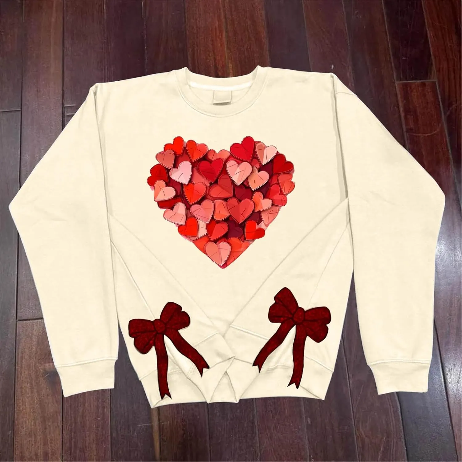 Womens 2025 Heart Printed Sweatshirt Side Bow Applique Trendy Blouses Holiday Outdoor Sports Casual Top