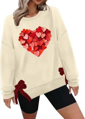 Womens 2025 Heart Printed Sweatshirt Side Bow Applique Trendy Blouses Holiday Outdoor Sports Casual Top