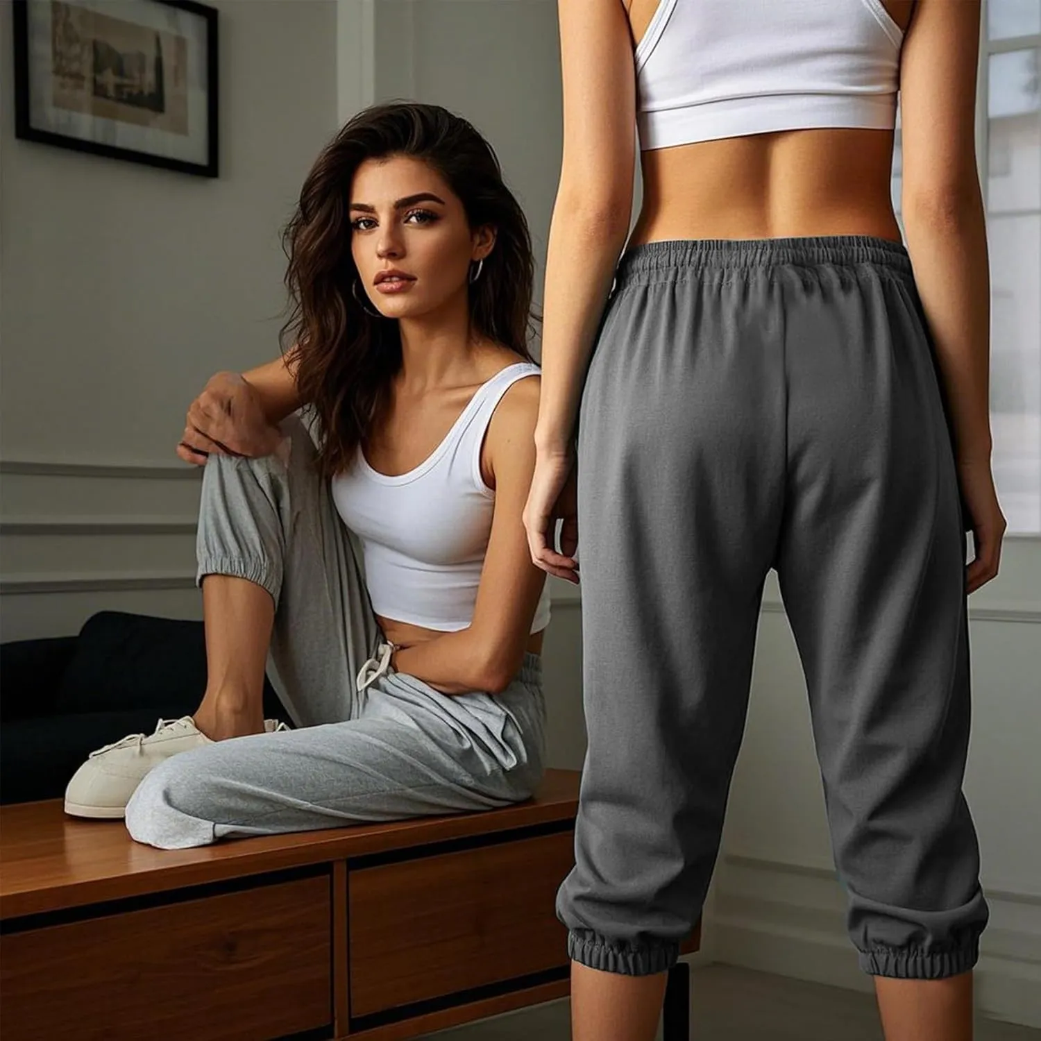 Women's 3 Pack Capri Sweatpants with Pockets - High-Waist Yoga Joggers Athletic Running Leggings for Workout, Gym, Lounge