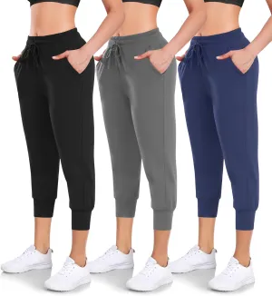 Women's 3 Pack Capri Sweatpants with Pockets - High-Waist Yoga Joggers Athletic Running Leggings for Workout, Gym, Lounge