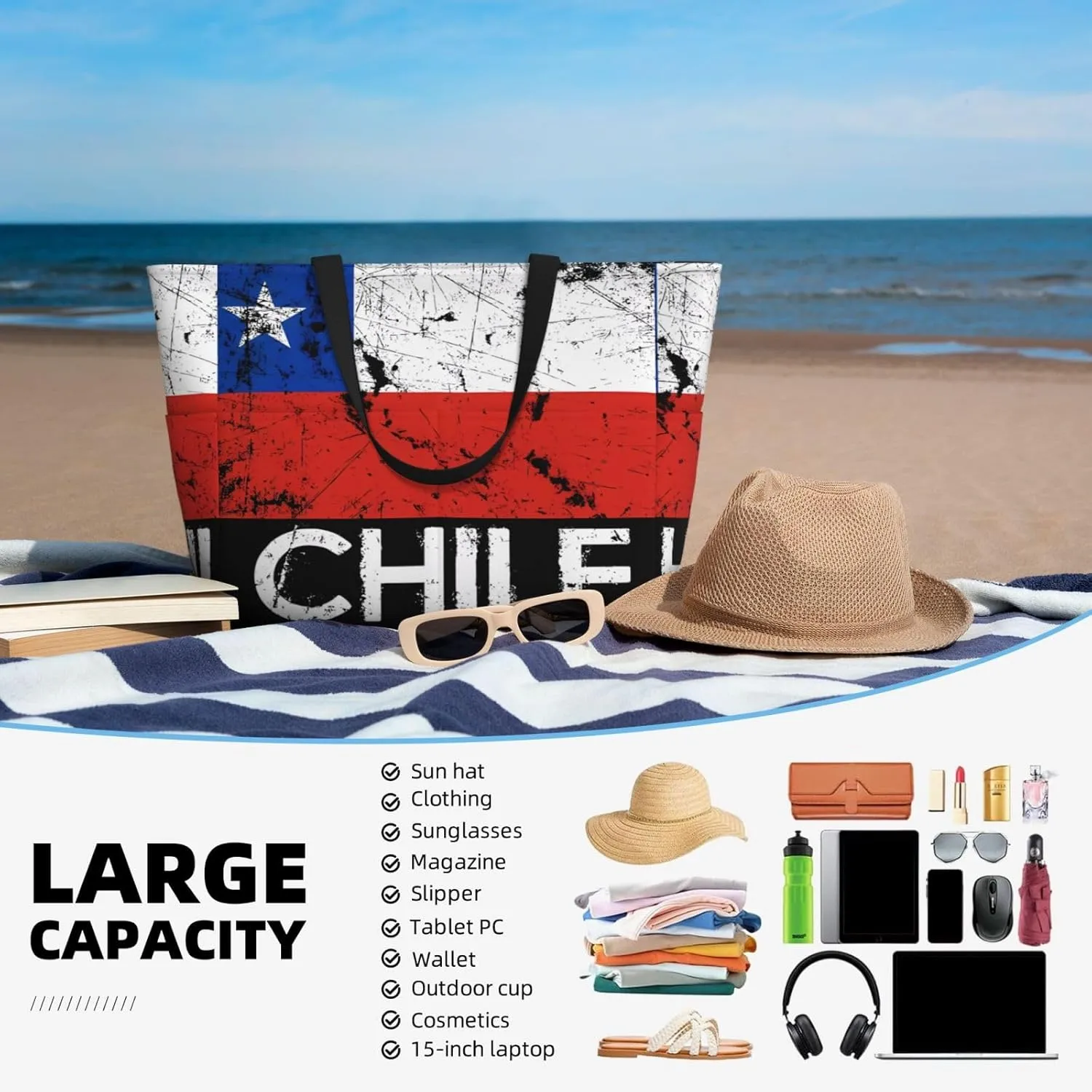 Women's Beach Travel Bags Large Waterproof Tote Bag with Pockets Sandproof Handbag for Beach Gym Vacation