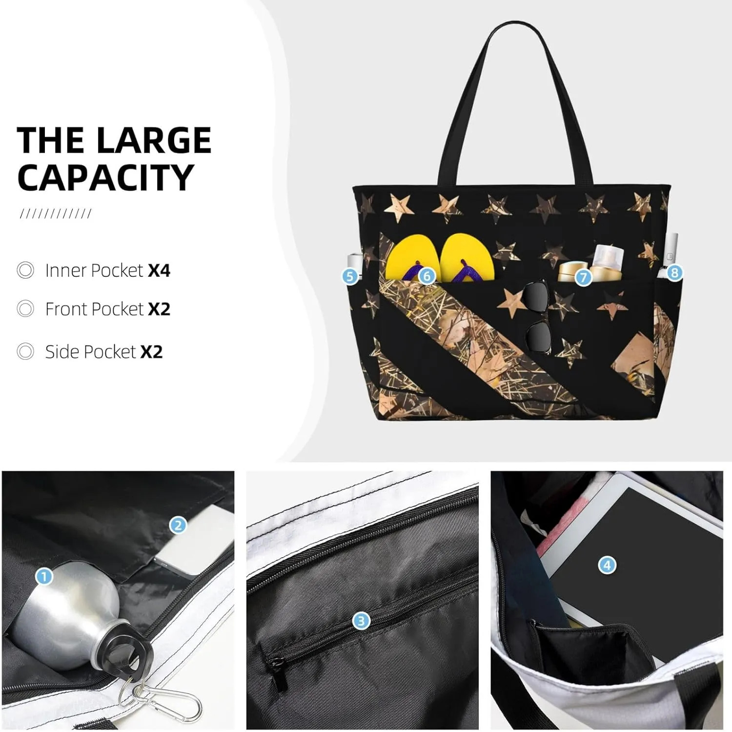 Women's Beach Travel Bags Large Waterproof Tote Bag with Pockets Sandproof Handbag for Beach Gym Vacation