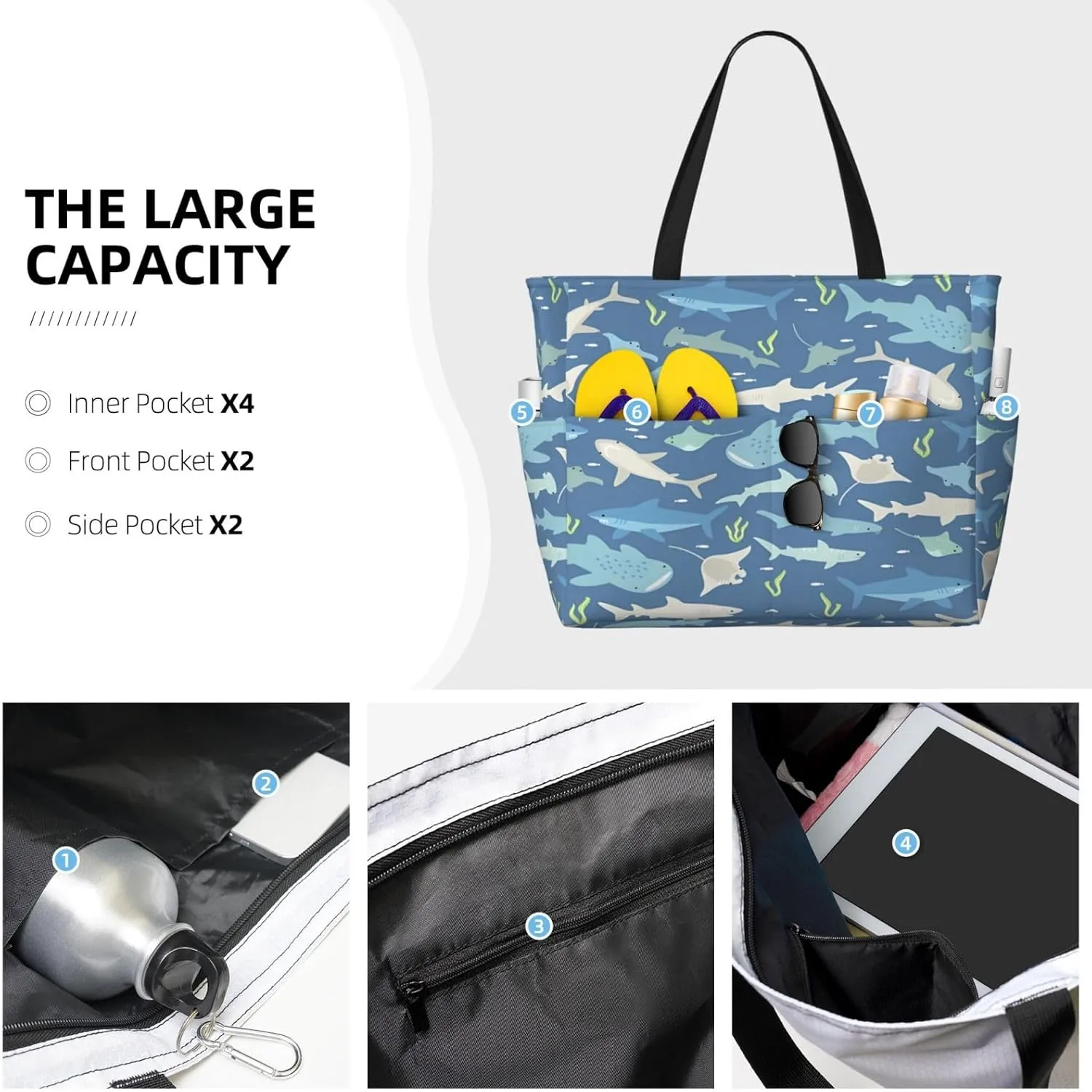 Women's Beach Travel Bags Large Waterproof Tote Bag with Pockets Sandproof Handbag for Beach Gym Vacation