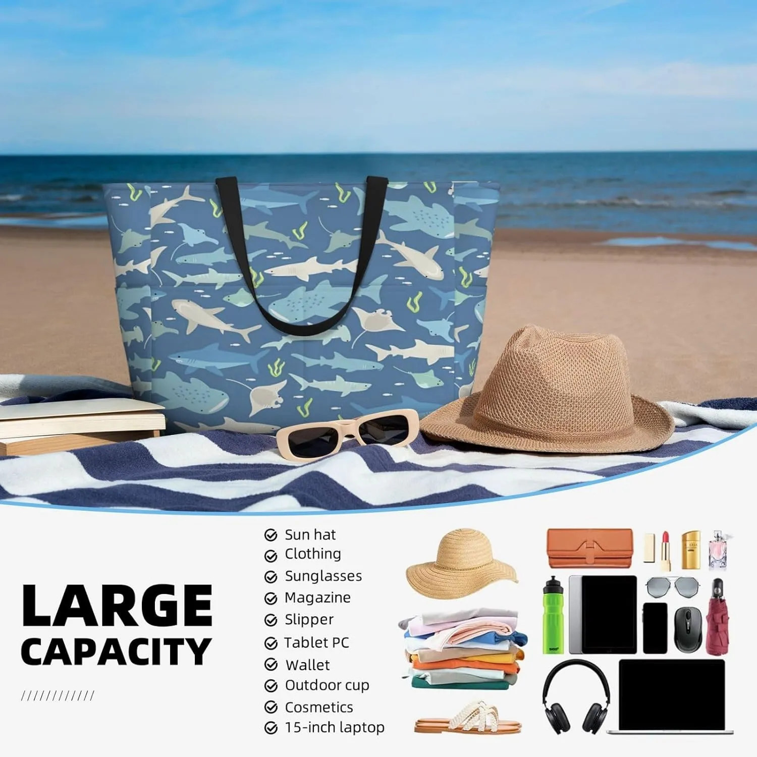 Women's Beach Travel Bags Large Waterproof Tote Bag with Pockets Sandproof Handbag for Beach Gym Vacation