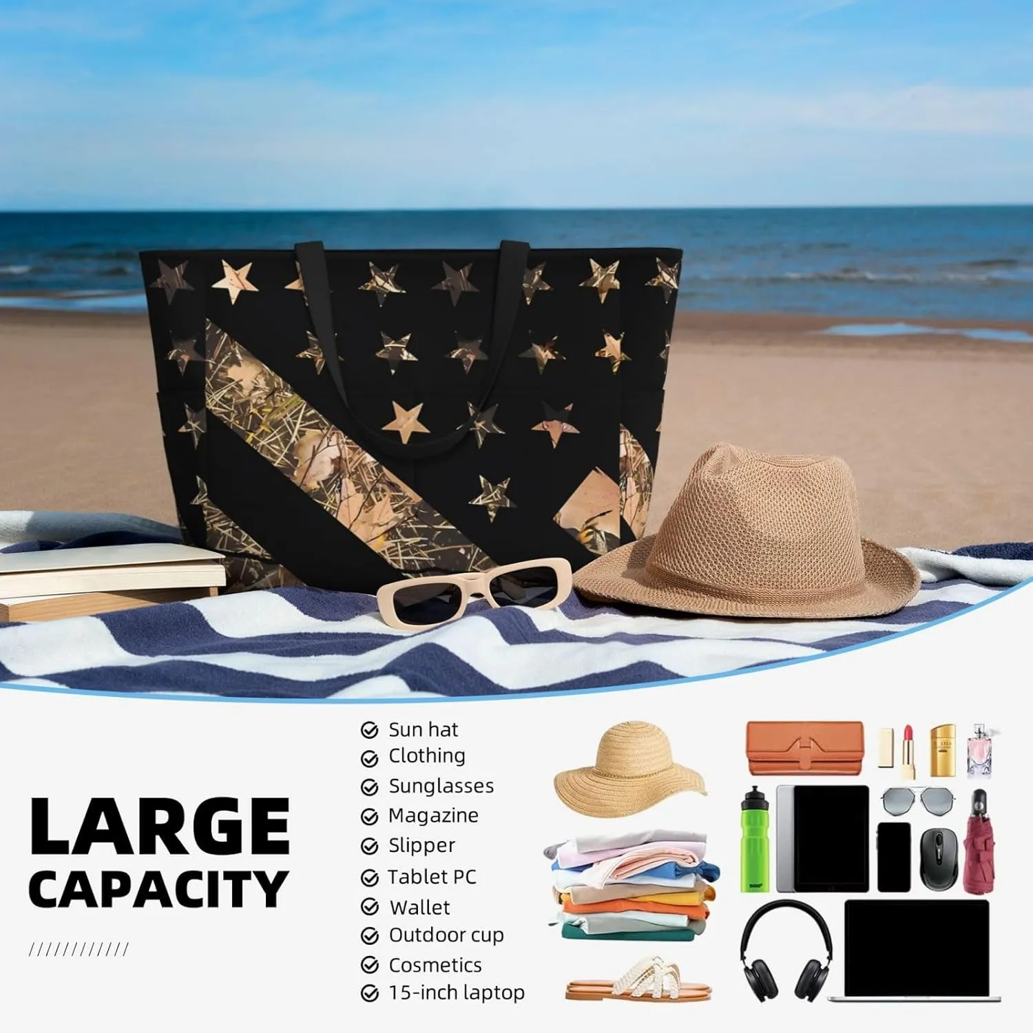 Women's Beach Travel Bags Large Waterproof Tote Bag with Pockets Sandproof Handbag for Beach Gym Vacation