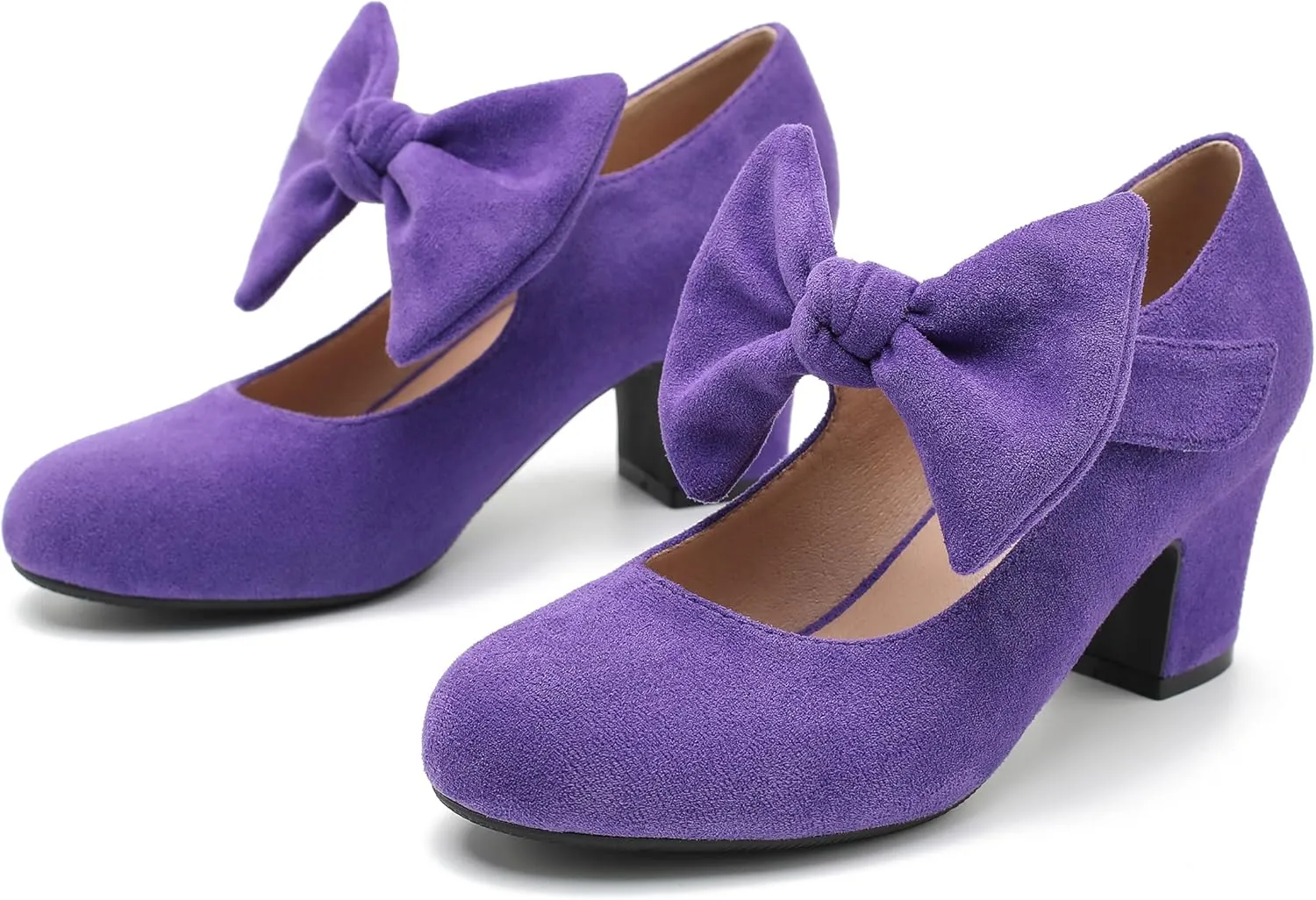 Women's Bow Mary Jane Chunky Heel Pumps Ankle Strap Round Toe Dress Wedding Party Shoes