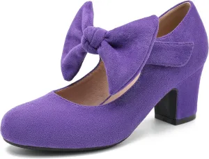 Women's Bow Mary Jane Chunky Heel Pumps Ankle Strap Round Toe Dress Wedding Party Shoes