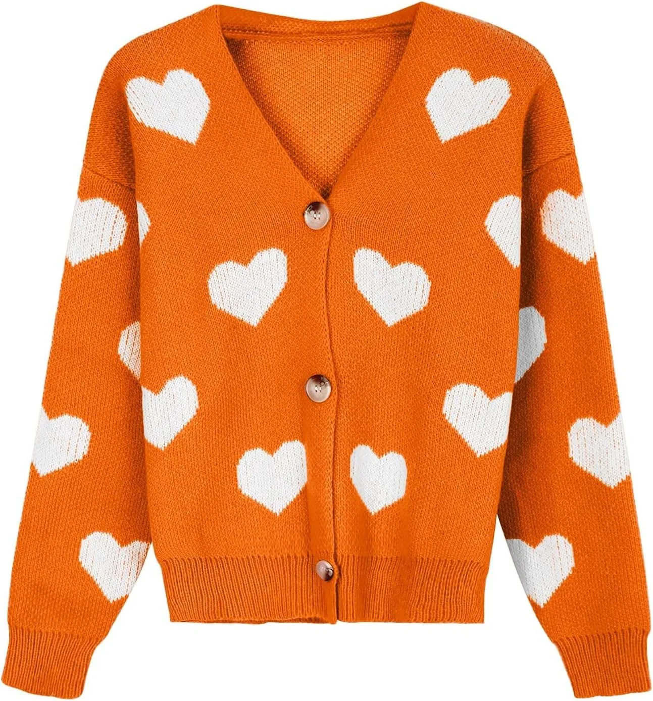 Womens Button Down Cardigan Sweater Trendy Valentines Heart Print Ribbed Knit Jumpers Solid Color V Neck Casual Coats