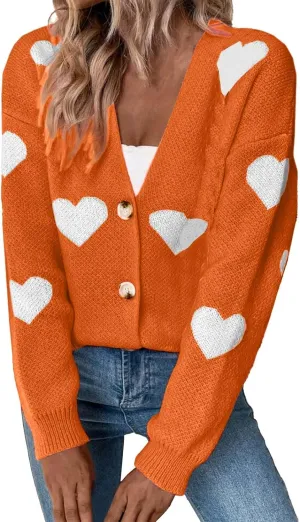 Womens Button Down Cardigan Sweater Trendy Valentines Heart Print Ribbed Knit Jumpers Solid Color V Neck Casual Coats