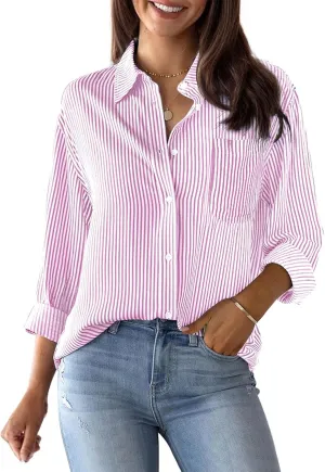 Womens Button Down Shirts Cotton Striped Dress Shirts Long Sleeve Button Up Collared Office Work Blouses Tops