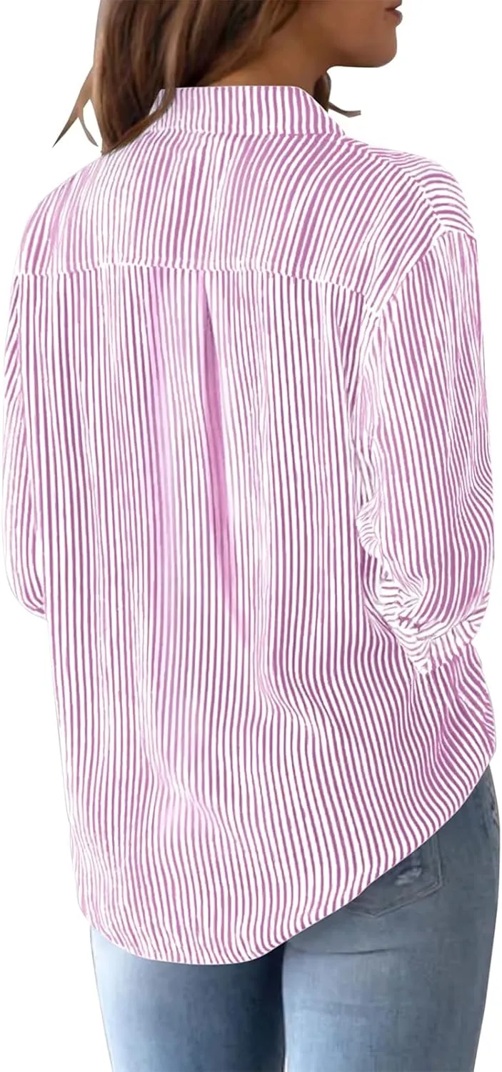 Womens Button Down Shirts Cotton Striped Dress Shirts Long Sleeve Button Up Collared Office Work Blouses Tops