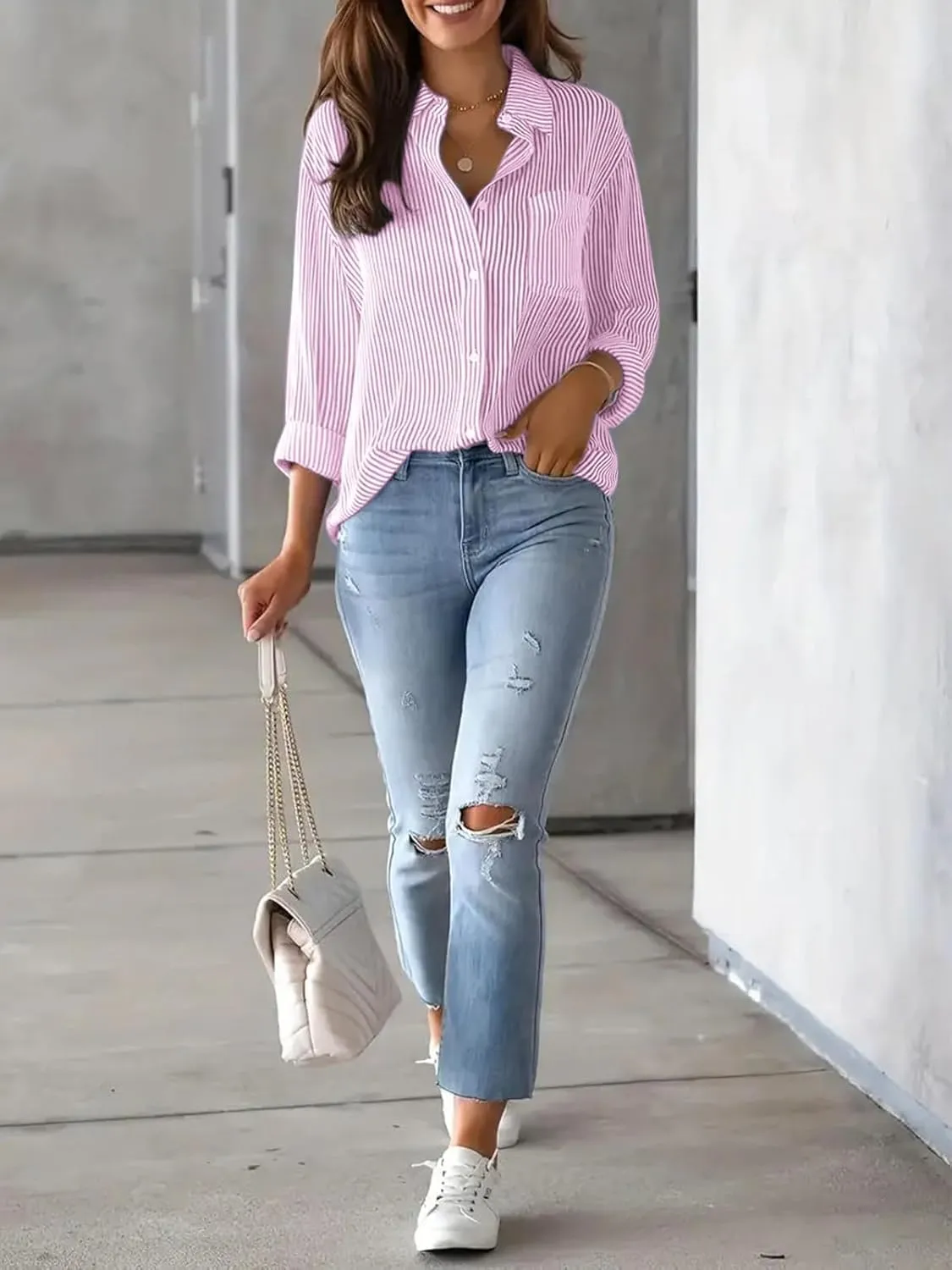 Womens Button Down Shirts Cotton Striped Dress Shirts Long Sleeve Button Up Collared Office Work Blouses Tops