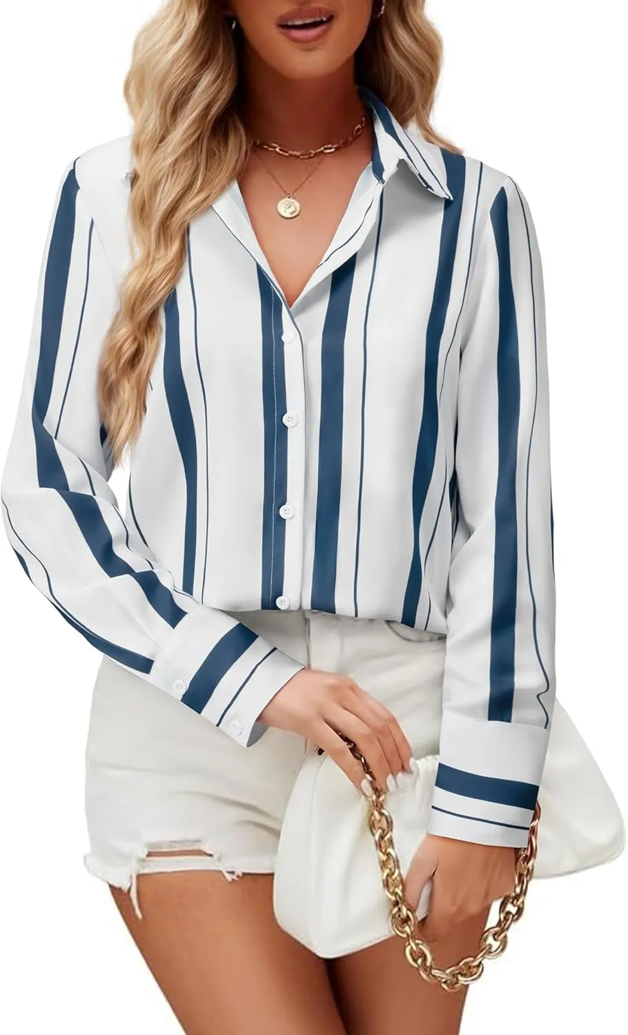 Womens Button Down Shirts Dress Shirt Dressy Casual Striped Blouse Long Sleeve Work Office Business Chiffon Top