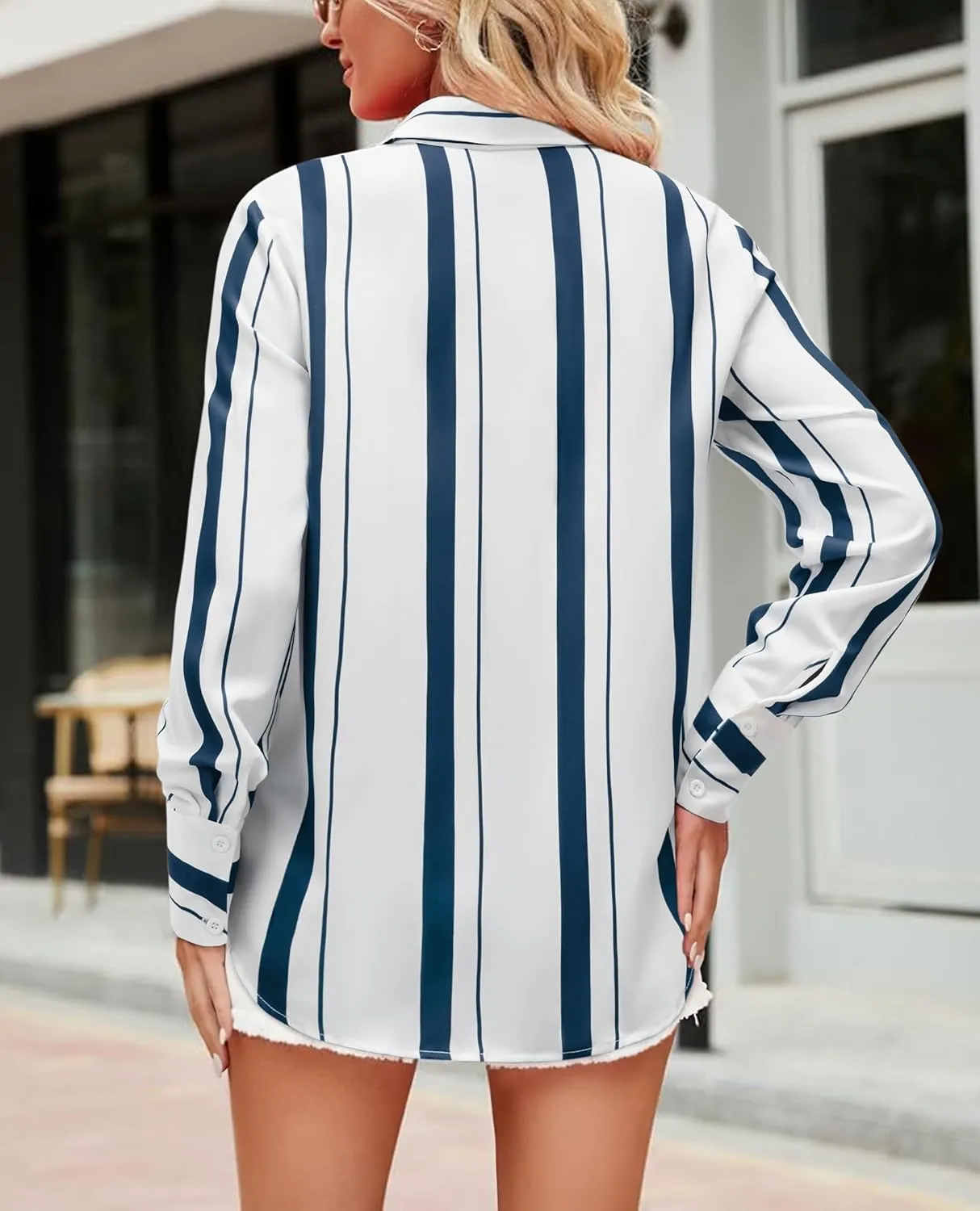 Womens Button Down Shirts Dress Shirt Dressy Casual Striped Blouse Long Sleeve Work Office Business Chiffon Top
