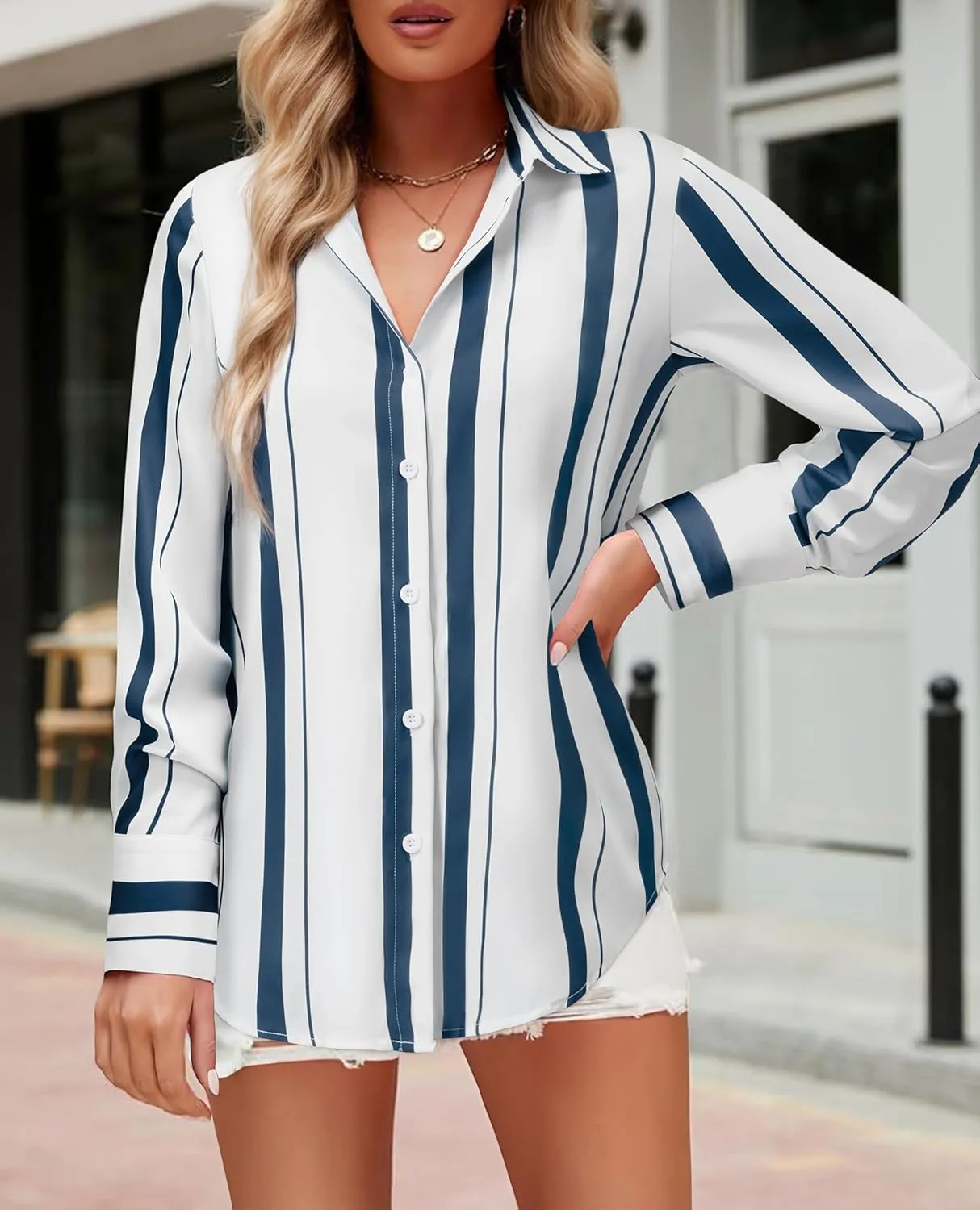 Womens Button Down Shirts Dress Shirt Dressy Casual Striped Blouse Long Sleeve Work Office Business Chiffon Top
