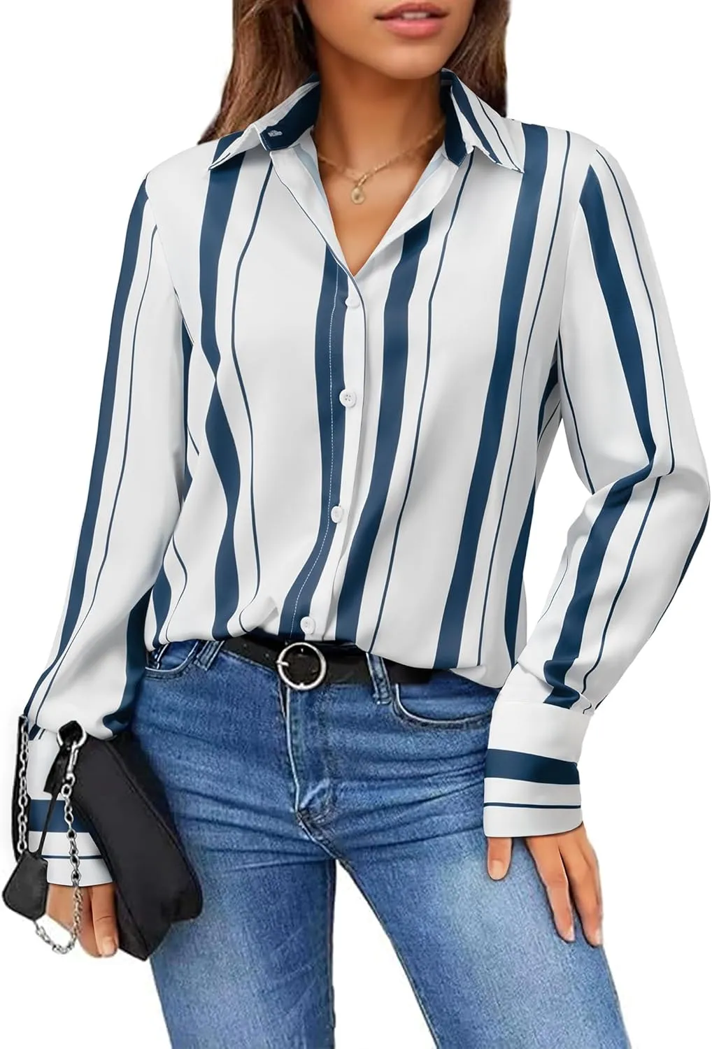 Womens Button Down Shirts Dress Shirt Dressy Casual Striped Blouse Long Sleeve Work Office Business Chiffon Top