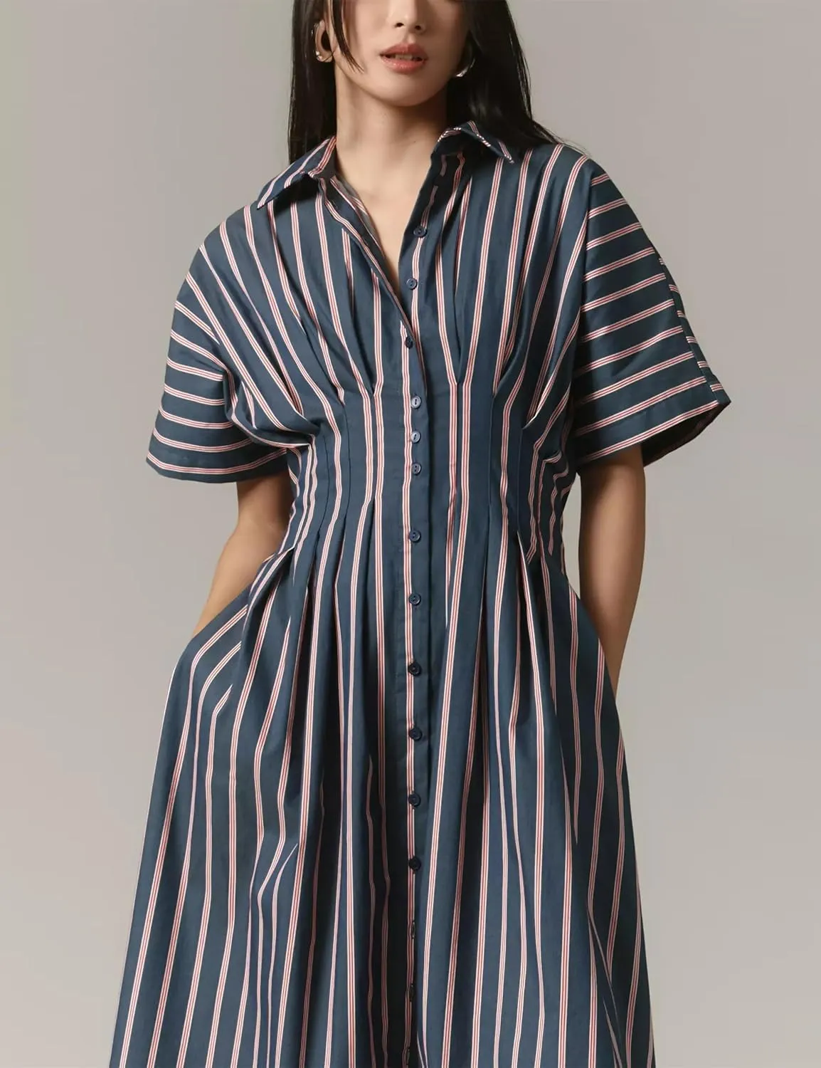 Women’s Button Front Pleated Shirt Maxi Dress Short Sleeve Collar Striped Summer Casual Long Swing Blouse Dress