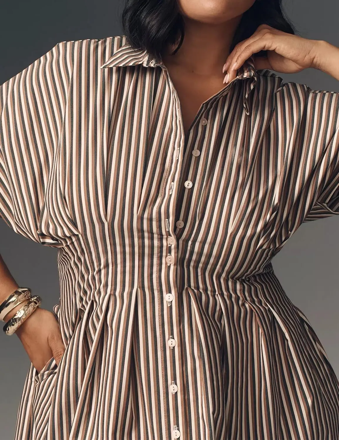 Women’s Button Front Pleated Shirt Maxi Dress Short Sleeve Collar Striped Summer Casual Long Swing Blouse Dress
