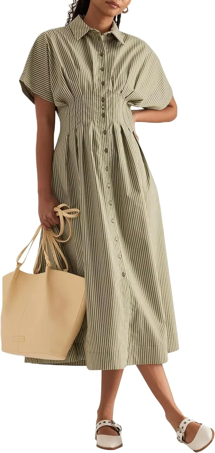 Women’s Button Front Pleated Shirt Maxi Dress Short Sleeve Collar Striped Summer Casual Long Swing Blouse Dress