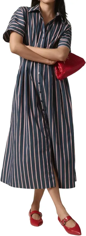 Women’s Button Front Pleated Shirt Maxi Dress Short Sleeve Collar Striped Summer Casual Long Swing Blouse Dress
