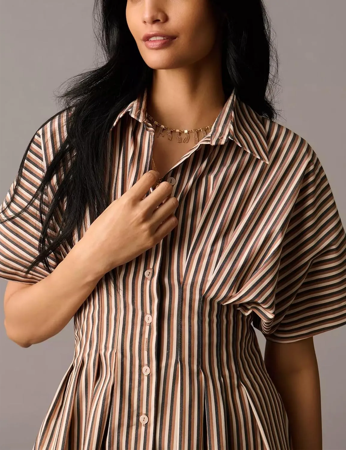 Women’s Button Front Pleated Shirt Maxi Dress Short Sleeve Collar Striped Summer Casual Long Swing Blouse Dress