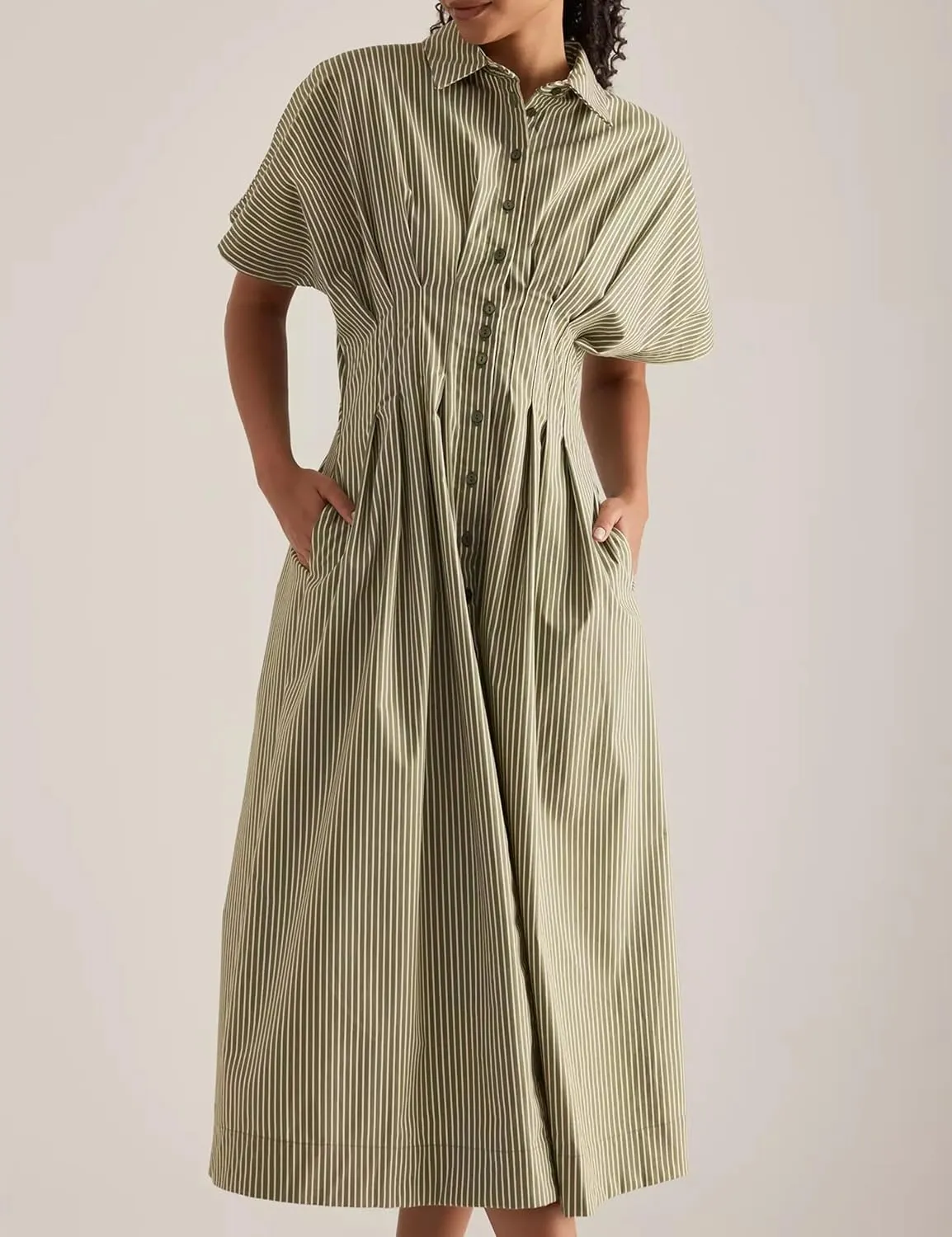 Women’s Button Front Pleated Shirt Maxi Dress Short Sleeve Collar Striped Summer Casual Long Swing Blouse Dress