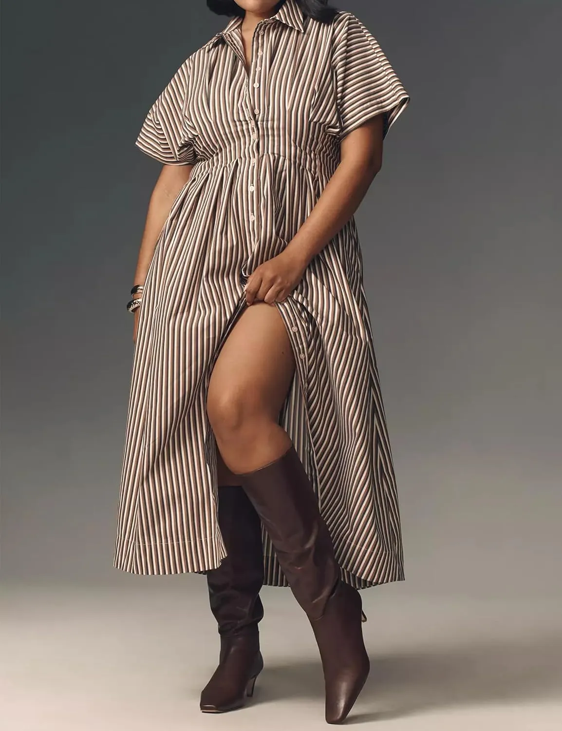 Women’s Button Front Pleated Shirt Maxi Dress Short Sleeve Collar Striped Summer Casual Long Swing Blouse Dress